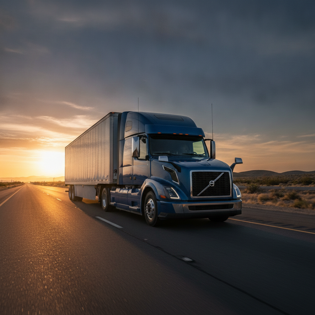 Volvo semi truck with 53 foot white trailer driving on open highway, clean unmarked exterior