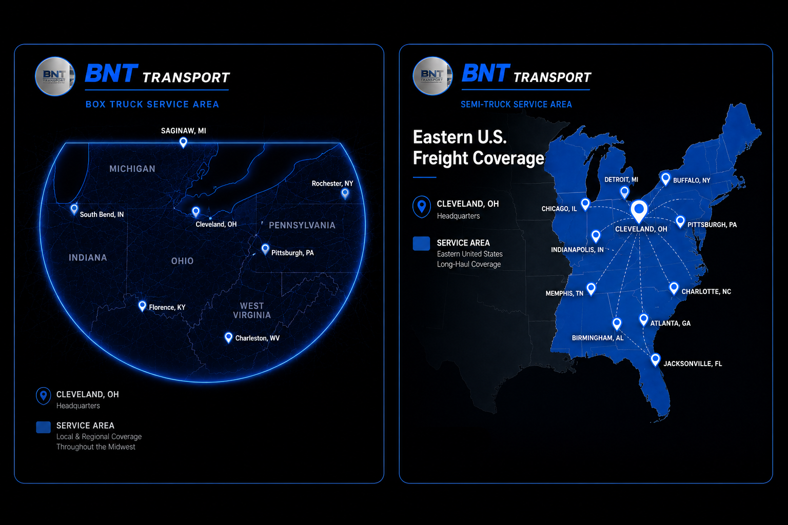 Combined service area map showing BNT Transport box truck coverage in Northeast Ohio and semi-truck long haul coverage east of the Mississippi