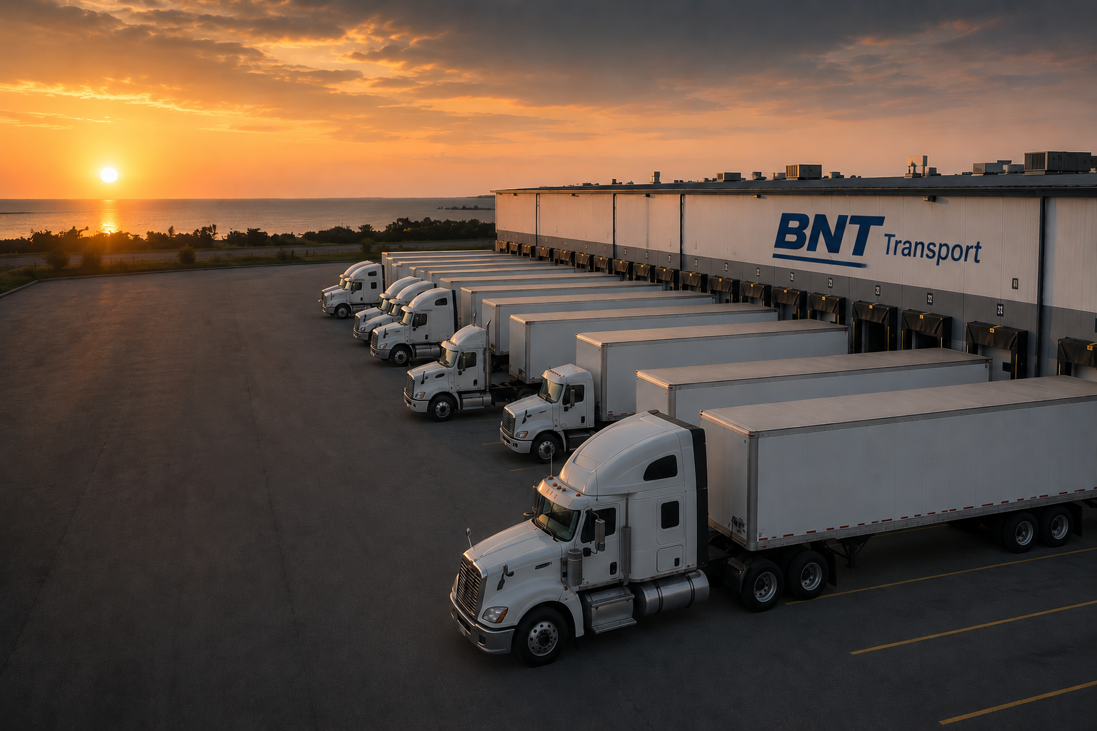 Fleet of single axle long nose box trucks and Volvo semi trucks parked at Cleveland Ohio freight terminal ready for dispatch