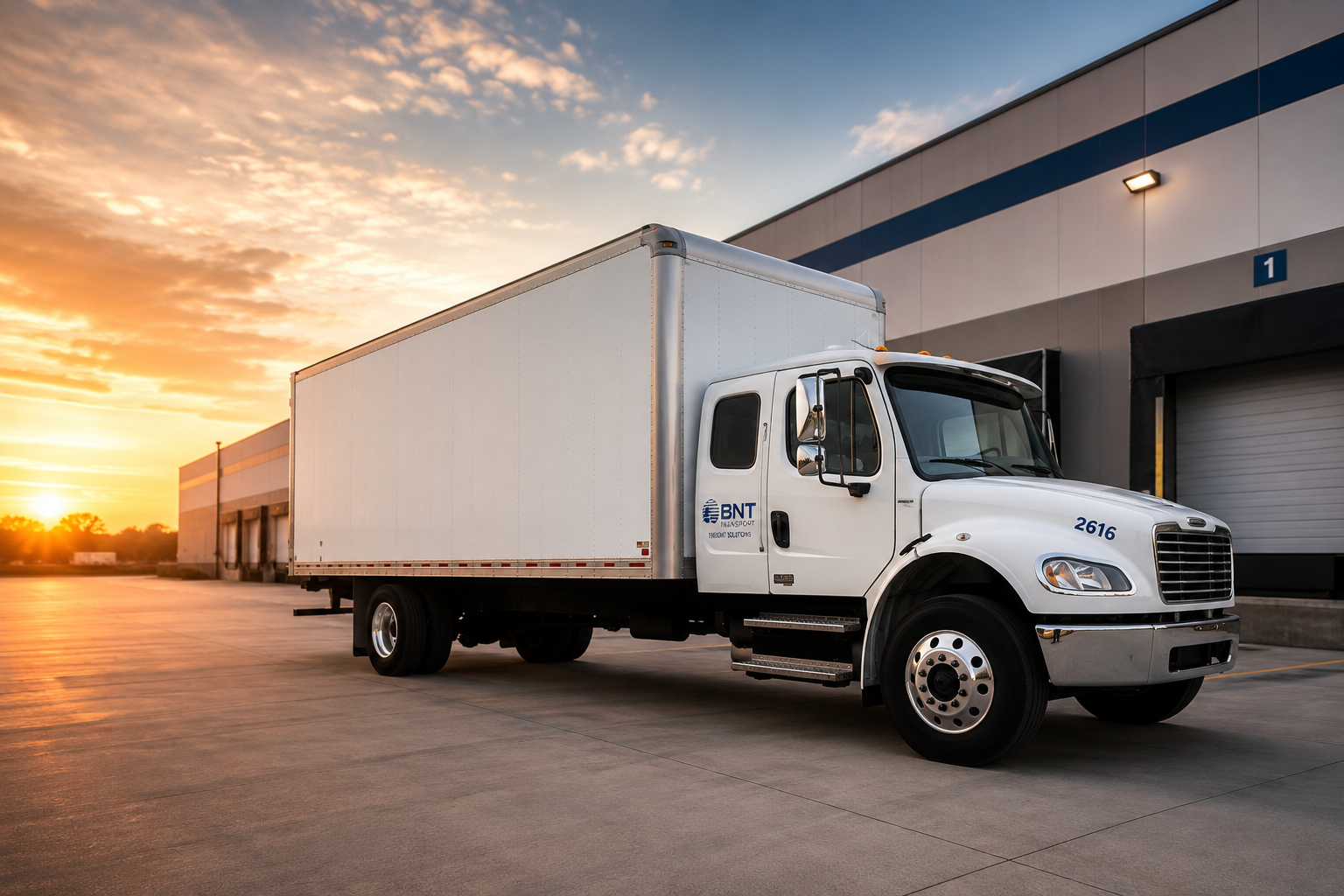 Mixed fleet of single axle long nose box trucks and Volvo semi trucks parked together at the Cleveland logistics company depot.