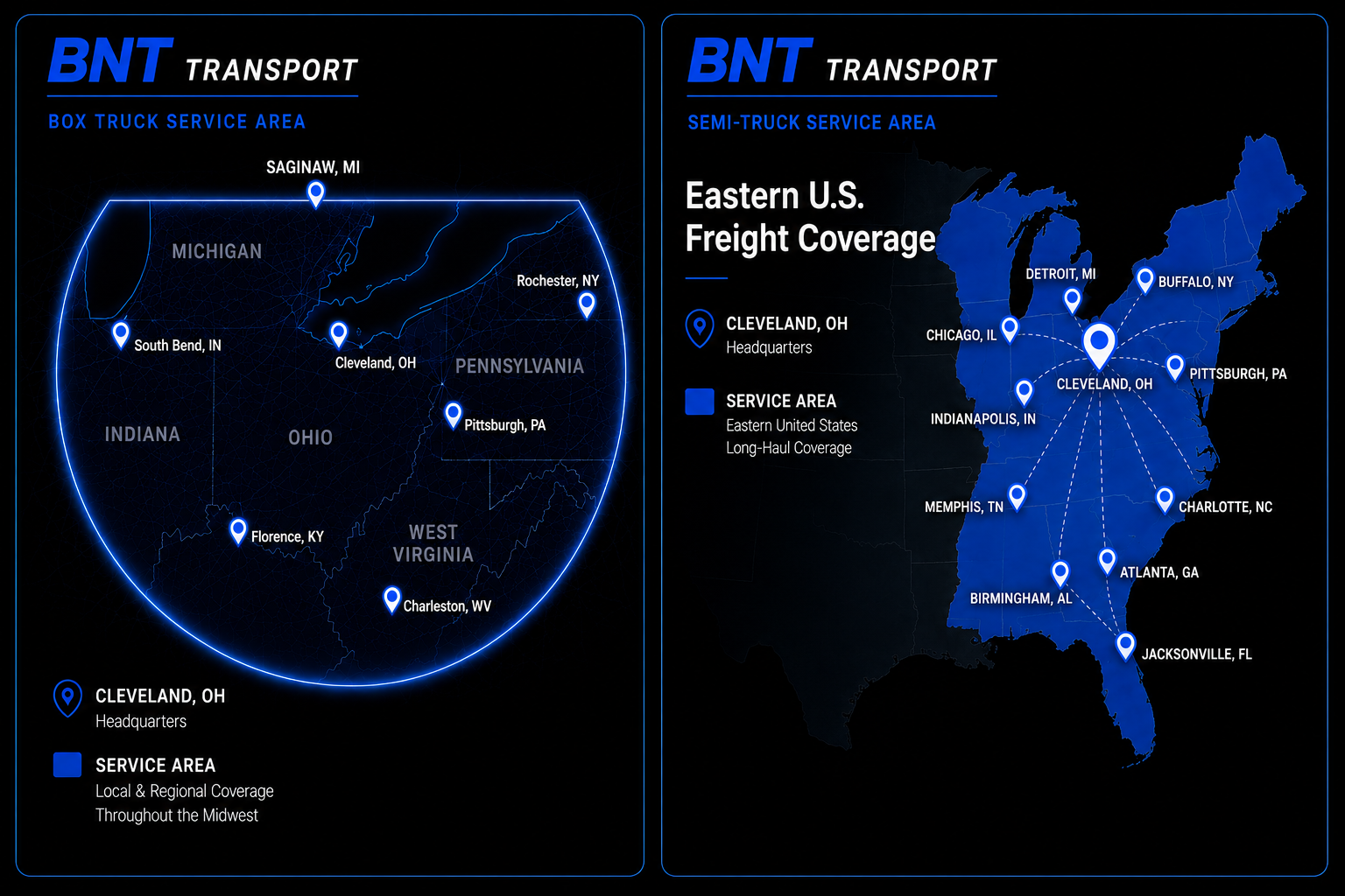 Combined service area map showing BNT Transport box truck coverage in Northeast Ohio and semi-truck long haul coverage east of the Mississippi