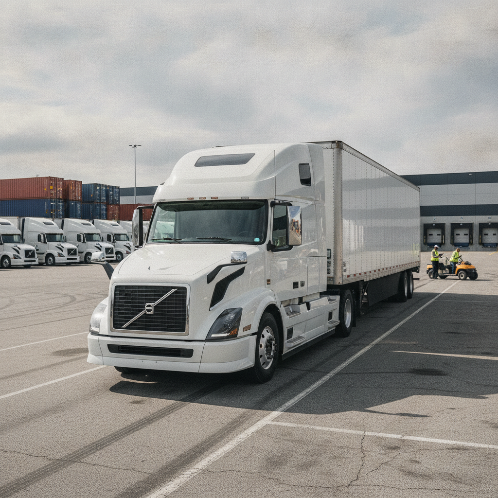 Volvo semi truck parked at freight depot ready for dispatch with clean unmarked white cab and trailer
