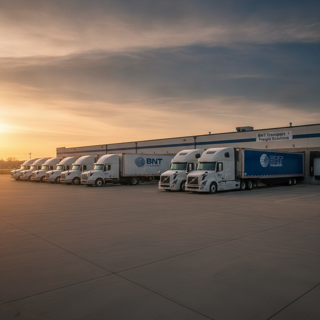 Mixed fleet of single axle long nose box trucks and Volvo semi trucks parked together at the Cleveland logistics company depot.