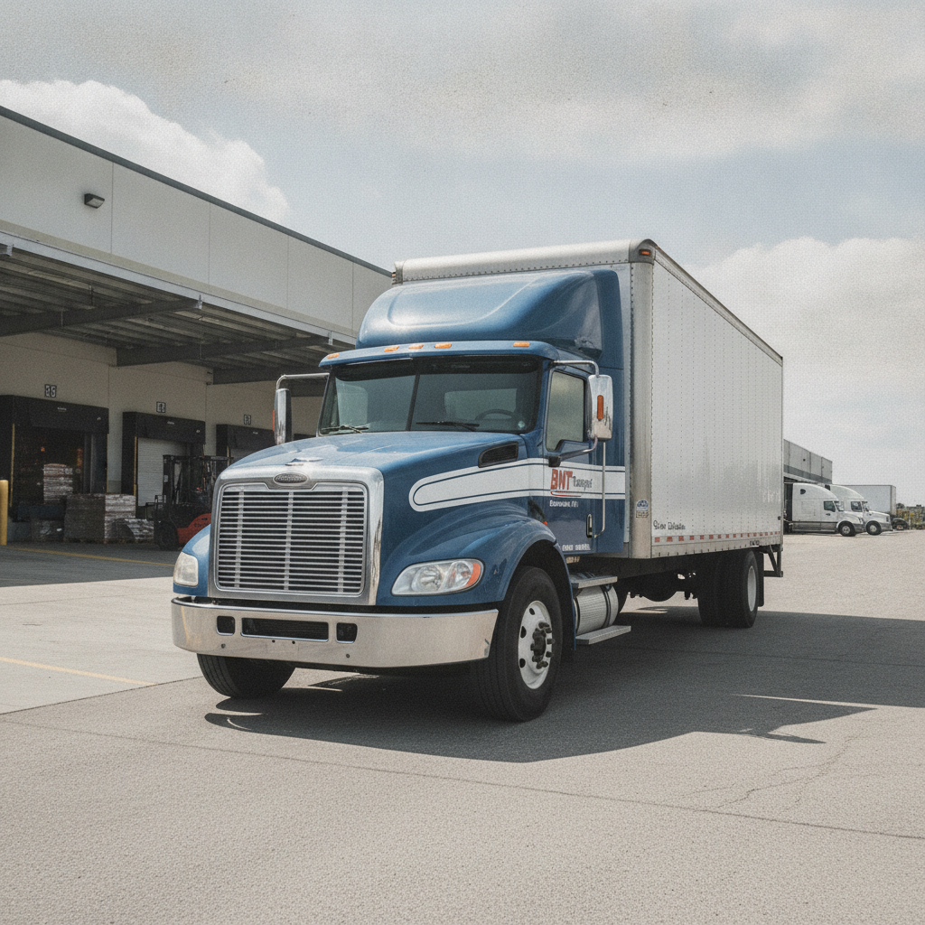 Larger single axle box truck with extended long nose hood parked at loading dock