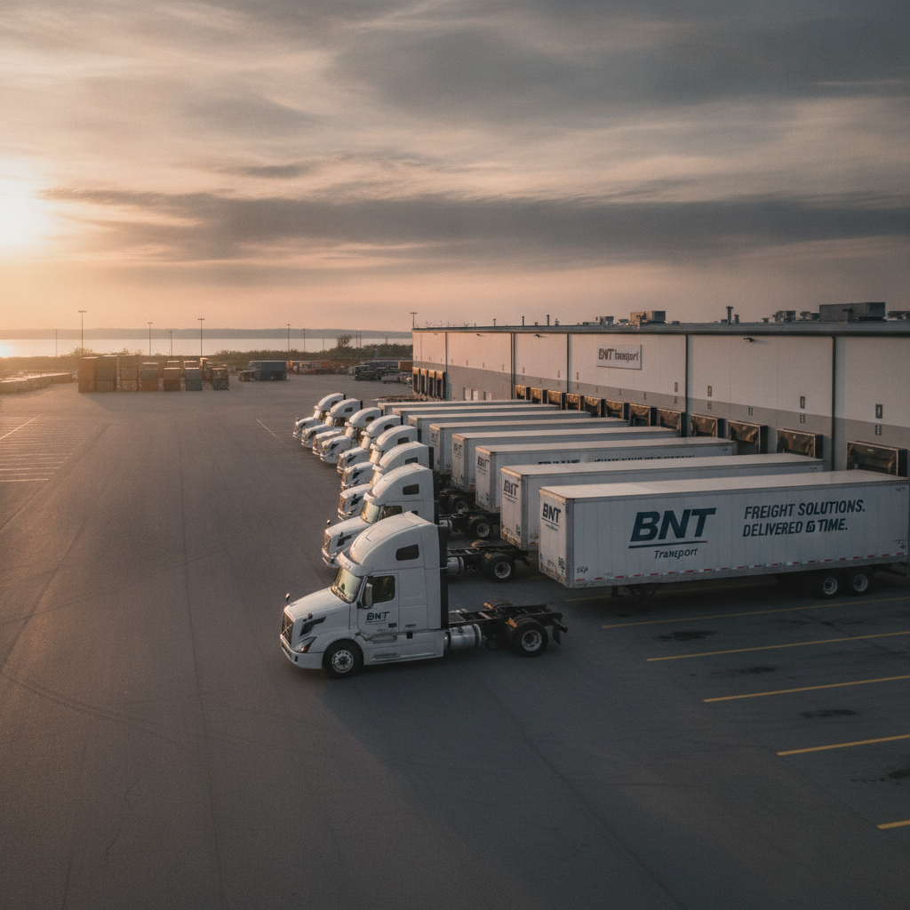 Fleet of single axle long nose box trucks and Volvo semi trucks parked at Cleveland Ohio freight terminal ready for dispatch