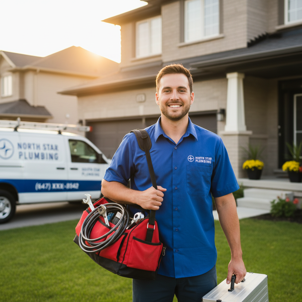 Professional plumber arriving at a home with tools ready for plumbing repair and installation