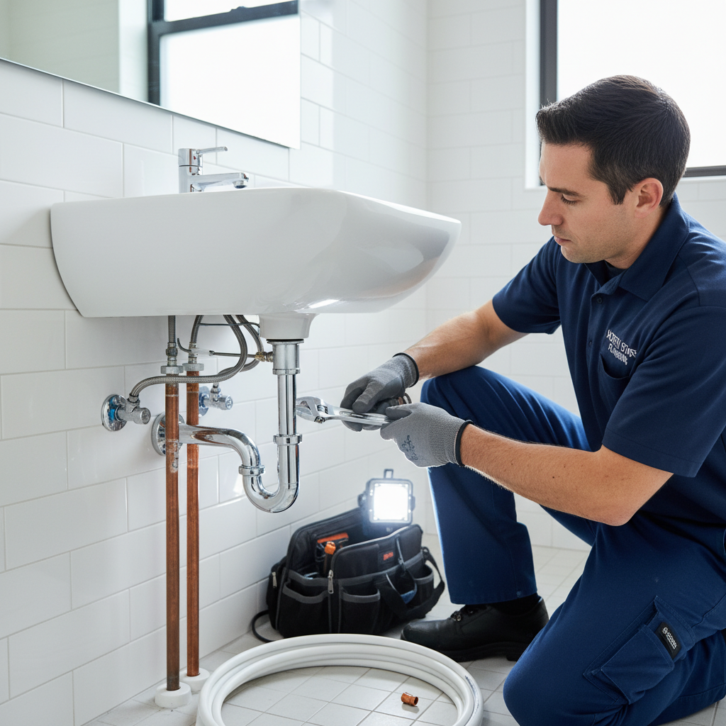 Skilled professional plumber fixing pipes under a modern residential sink