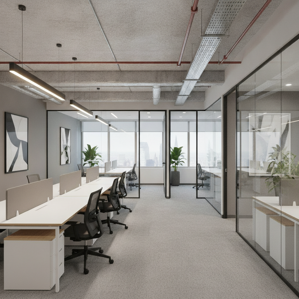 Modern commercial office fit-out with sleek glass partitions, open plan workspace featuring ergonomic desks, contemporary pendant lighting, exposed ceiling ducts and professional corporate interior design in neutral palette