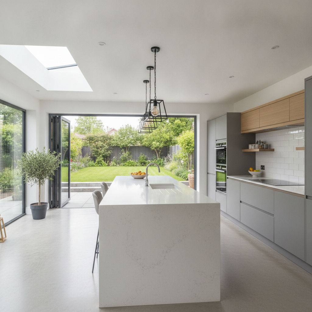 Bright spacious luxury kitchen extension with large central island quartz worktop bifold doors opening to garden and pendant lighting in Greenford London