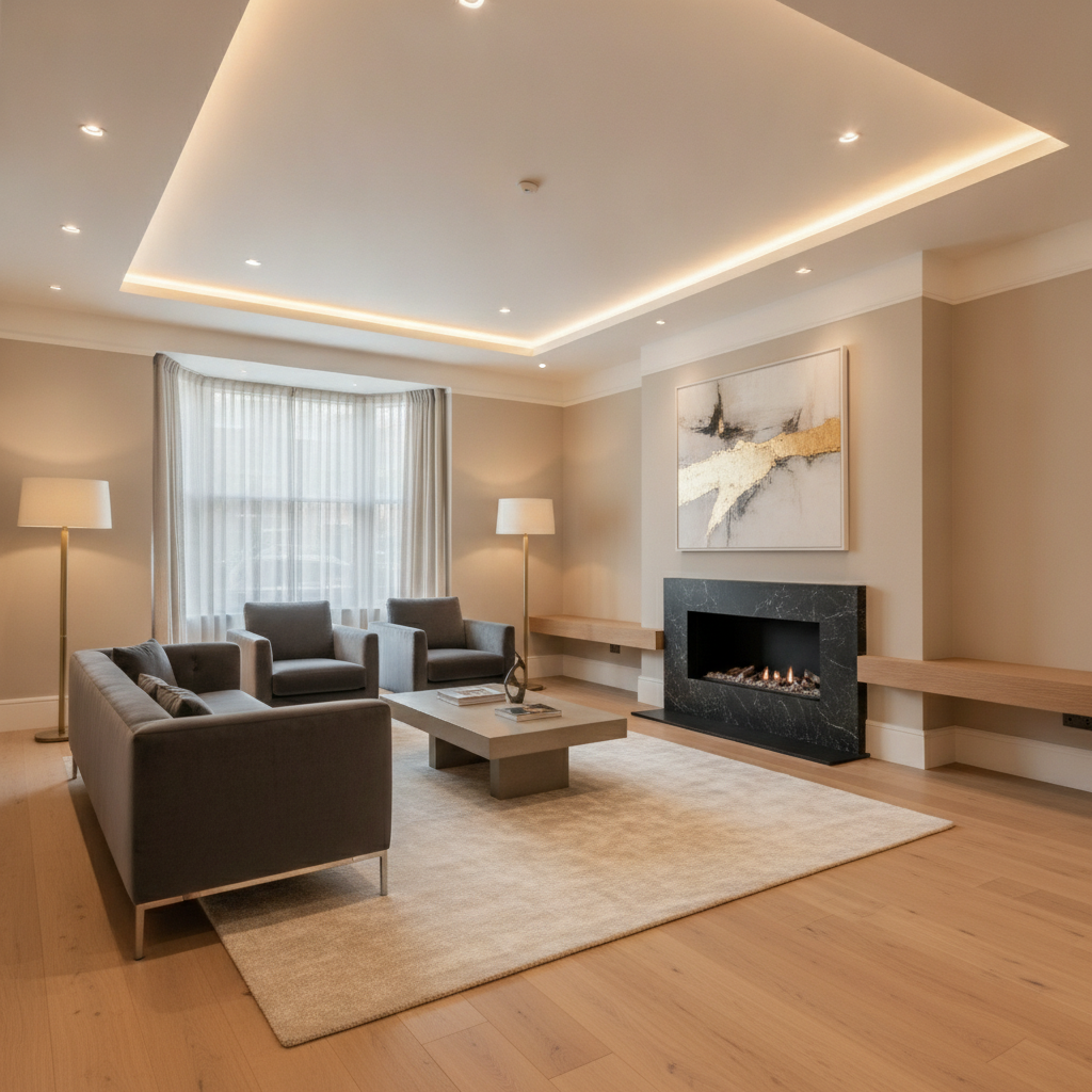 Fully refurbished luxury living room interior with newly plastered walls painted in neutral tones, engineered oak wooden flooring, premium modern furniture, statement fireplace and elegant recessed LED ceiling lighting
