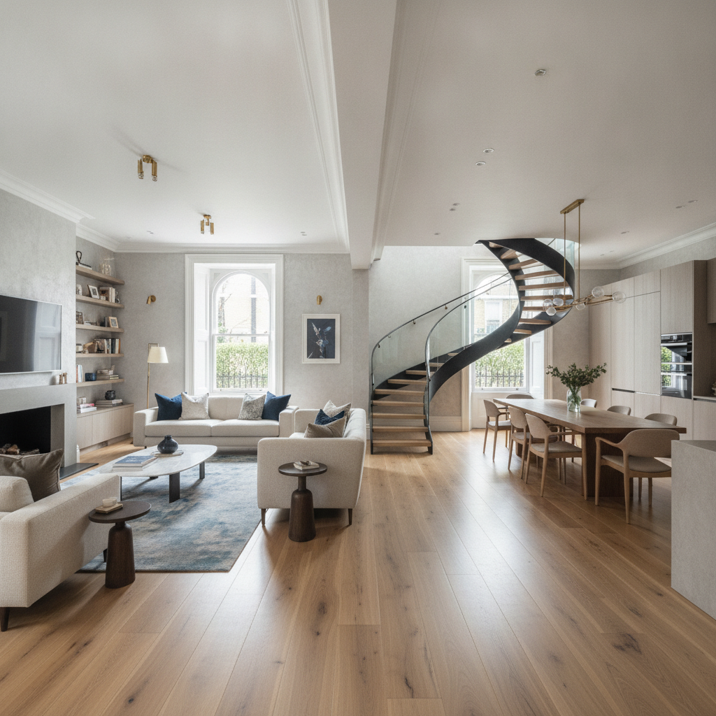 Complete full house refurbishment of Victorian terrace featuring open plan living room hardwood flooring modern staircase and elegant interior design in Kensington London