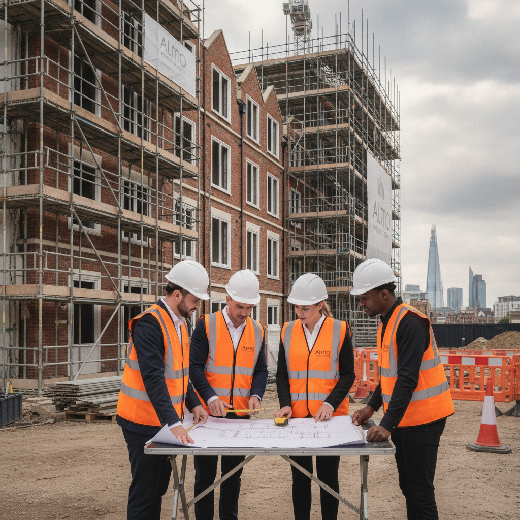 Professional Almo Property Group construction team in hard hats and high-visibility vests collaborating over architectural blueprints on a luxury London property construction site with scaffolding and traditional brick facade