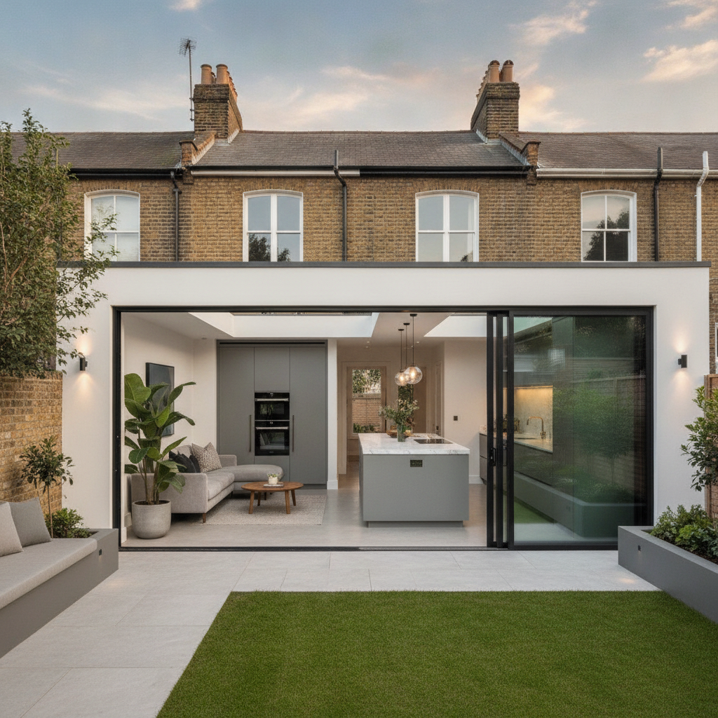 Luxurious London home renovation featuring modern rear extension with floor-to-ceiling glass, high-end interior finishes, bespoke kitchen and premium craftsmanship completed by professional builders