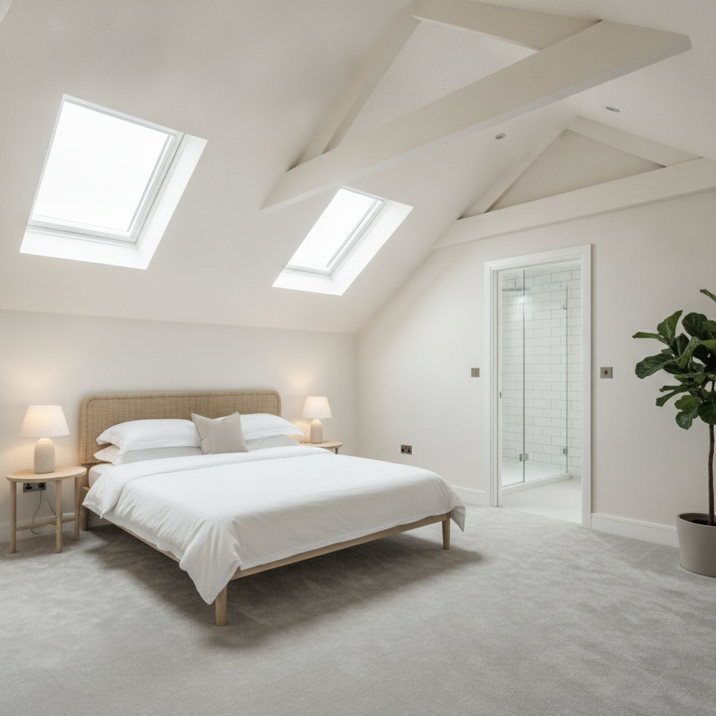 Modern loft conversion featuring master bedroom with velux skylights exposed wooden beams neutral decor and en-suite bathroom in Ealing London