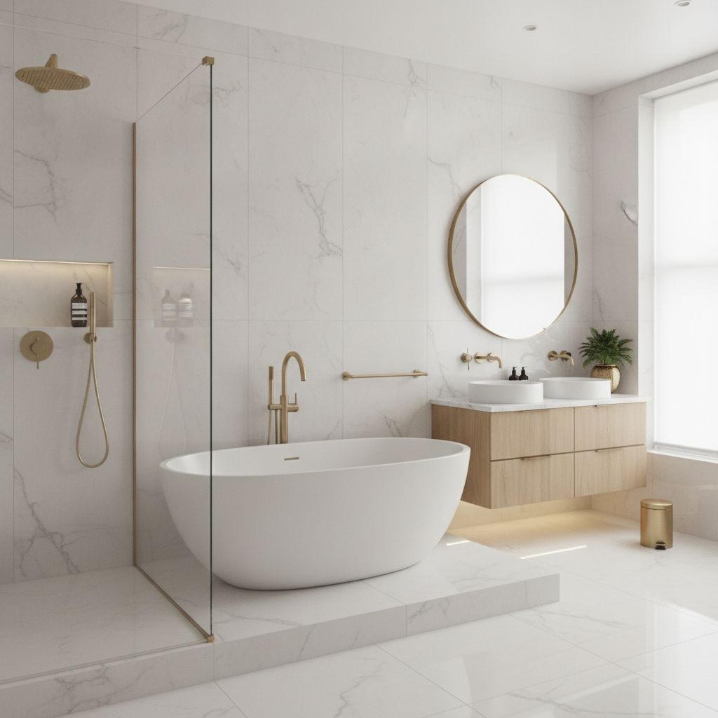 Sleek modern bathroom refurbishment with white marble tiles frameless walk-in shower freestanding bathtub and brushed gold fixtures in Chiswick London