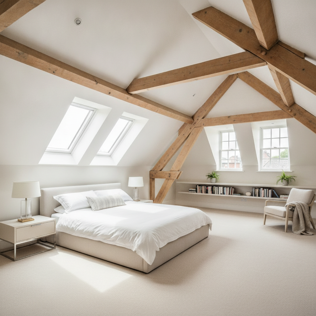 Beautifully converted attic loft bedroom with large velux skylight windows, exposed wooden roof beams, cream carpet, contemporary furniture and abundant natural light streaming through dormer windows