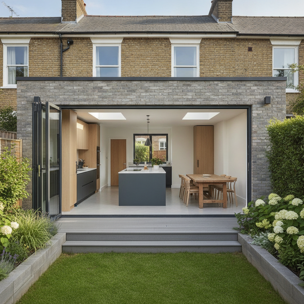 Modern rear house extension with floor to ceiling glass bifold doors opening to landscaped garden, bright open plan kitchen diner with skylights, contemporary grey brick exterior and premium finishes