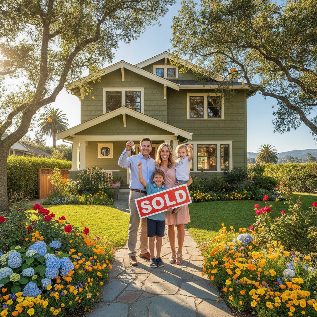 Joyful smiling family with children happily celebrating in front of their charming new Bay Area home, holding keys with excited expressions, beautiful landscaped yard with colorful flowers, warm sunny day creating a welcoming inviting atmosphere