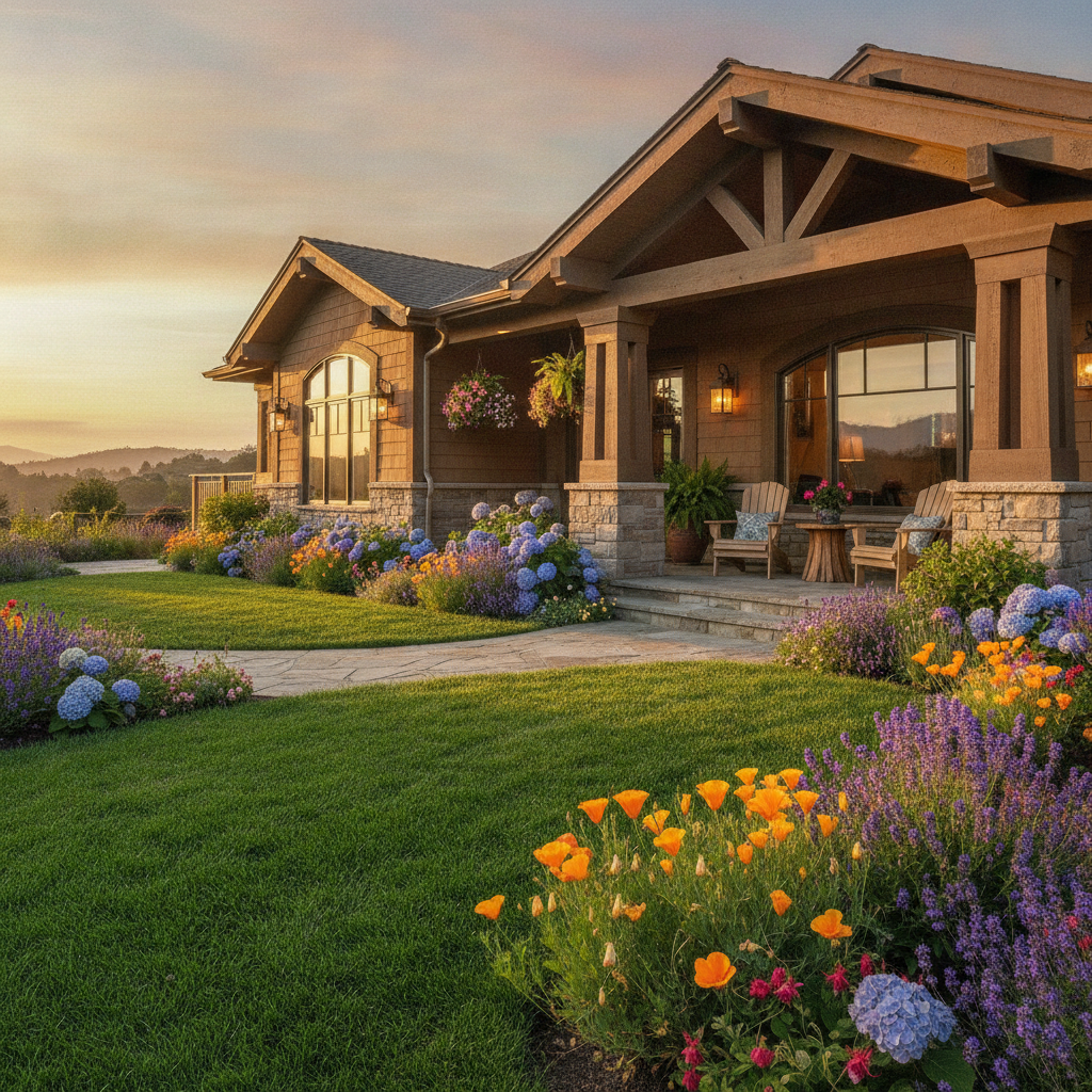 Warm and welcoming luxury Bay Area home with beautiful curb appeal, lush green landscaping, blooming flowers, inviting front porch with warm lighting, and charming architectural details bathed in soft golden hour sunlight