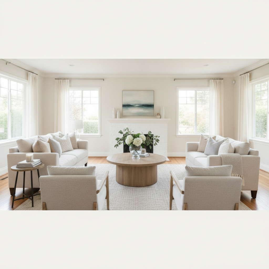 Bright and welcoming beautifully staged living room with cozy neutral furniture, soft natural sunlight pouring through large windows, fresh flowers on coffee table, warm hardwood floors, and inviting decor that feels like home
