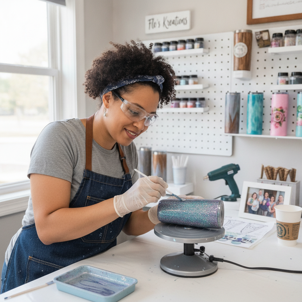 Artisan Cheryl, with a warm smile, carefully applying clear epoxy resin to a glittering custom tumbler in her creative workshop surrounded by custom mats and design supplies.