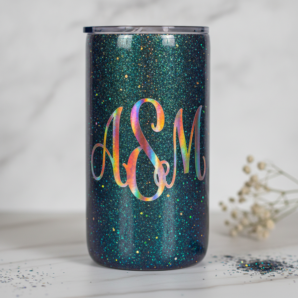 A stunning custom tumbler with holographic glitter finish and a personalized monogram in iridescent rainbow colors.