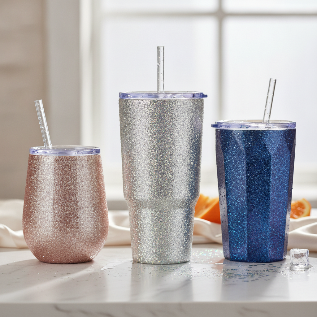A custom tumbler with a sparkling purple and gold glitter geode design.