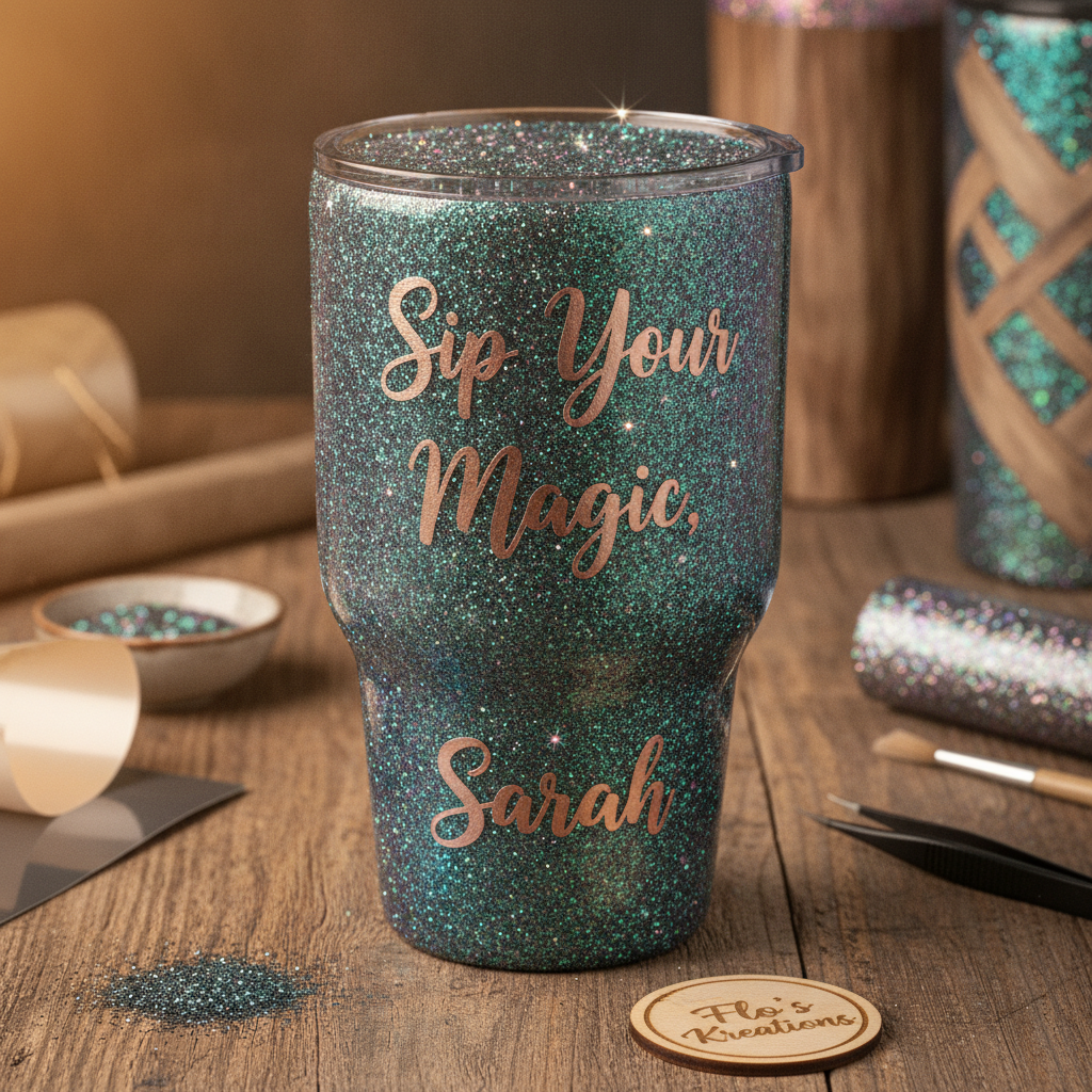 Stunning sparkly custom glitter tumbler with personalized name decal handcrafted by Cheryl's Kreations