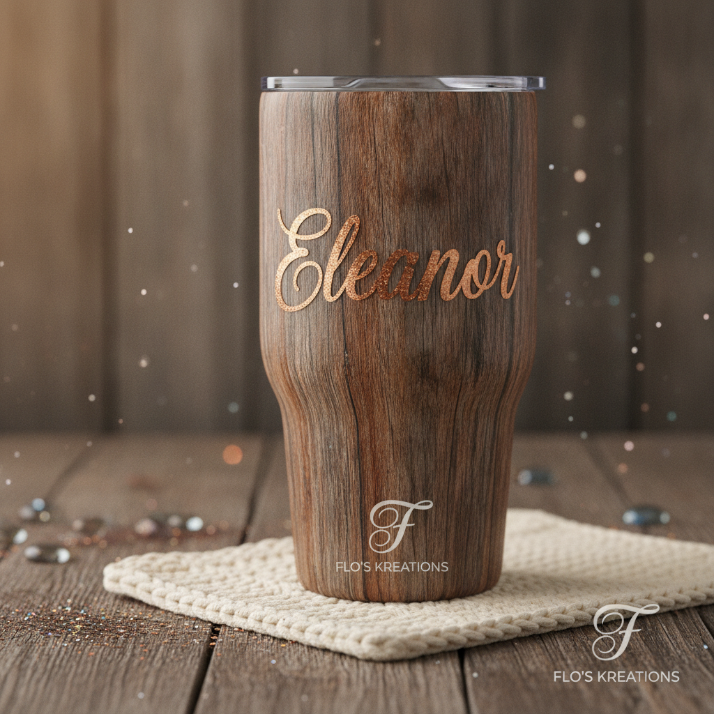 A custom tumbler designed with a realistic and rustic woodgrain effect and a personalized name decal.