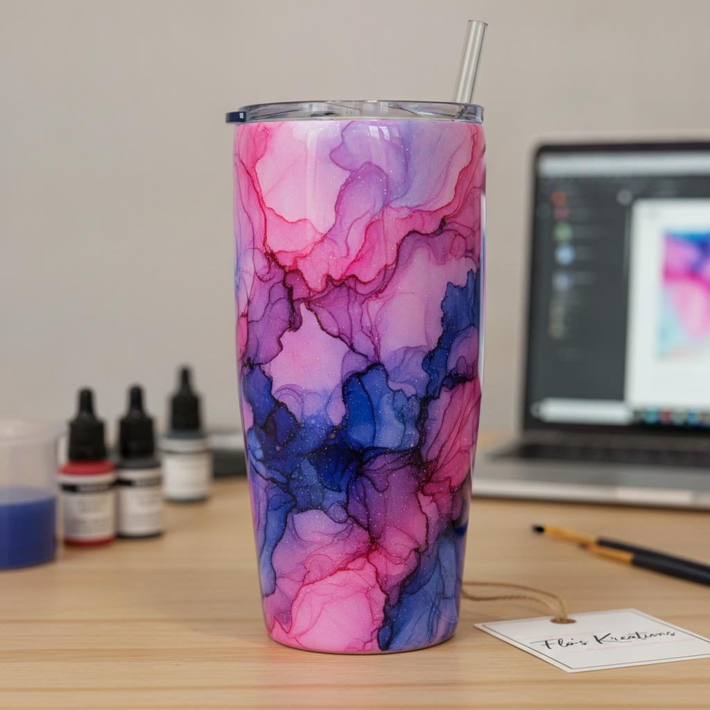 A vibrant custom tumbler featuring a swirling pattern of pink, blue, and purple alcohol inks.