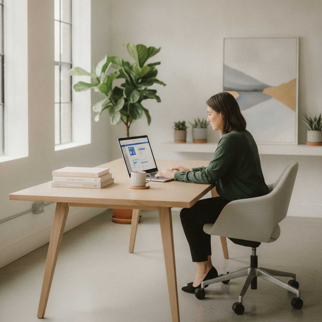 Web designer working on laptop in a minimal, elegant creative studio workspace with plants and design books