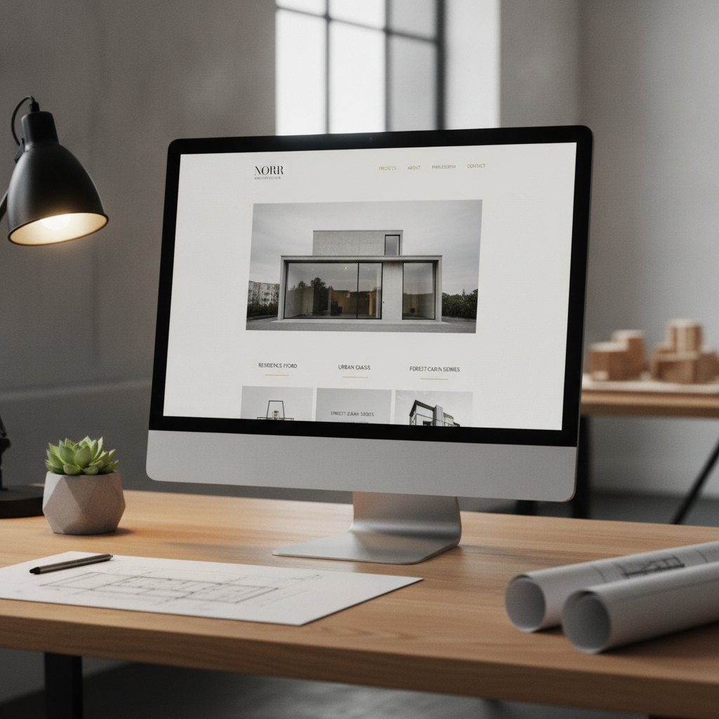 Minimal architecture studio portfolio website design displayed on desktop screen