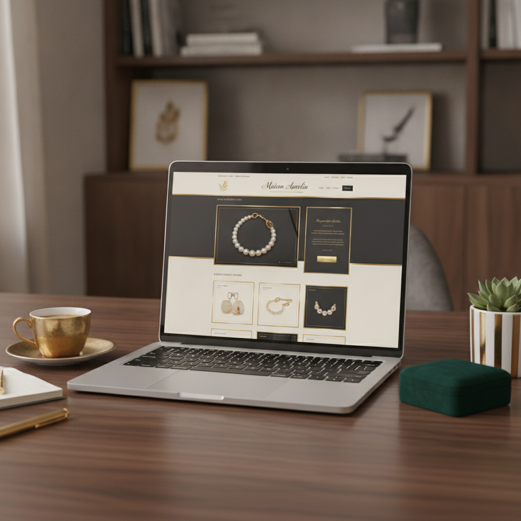 Luxury boutique ecommerce website design with gold accents displayed on laptop screen