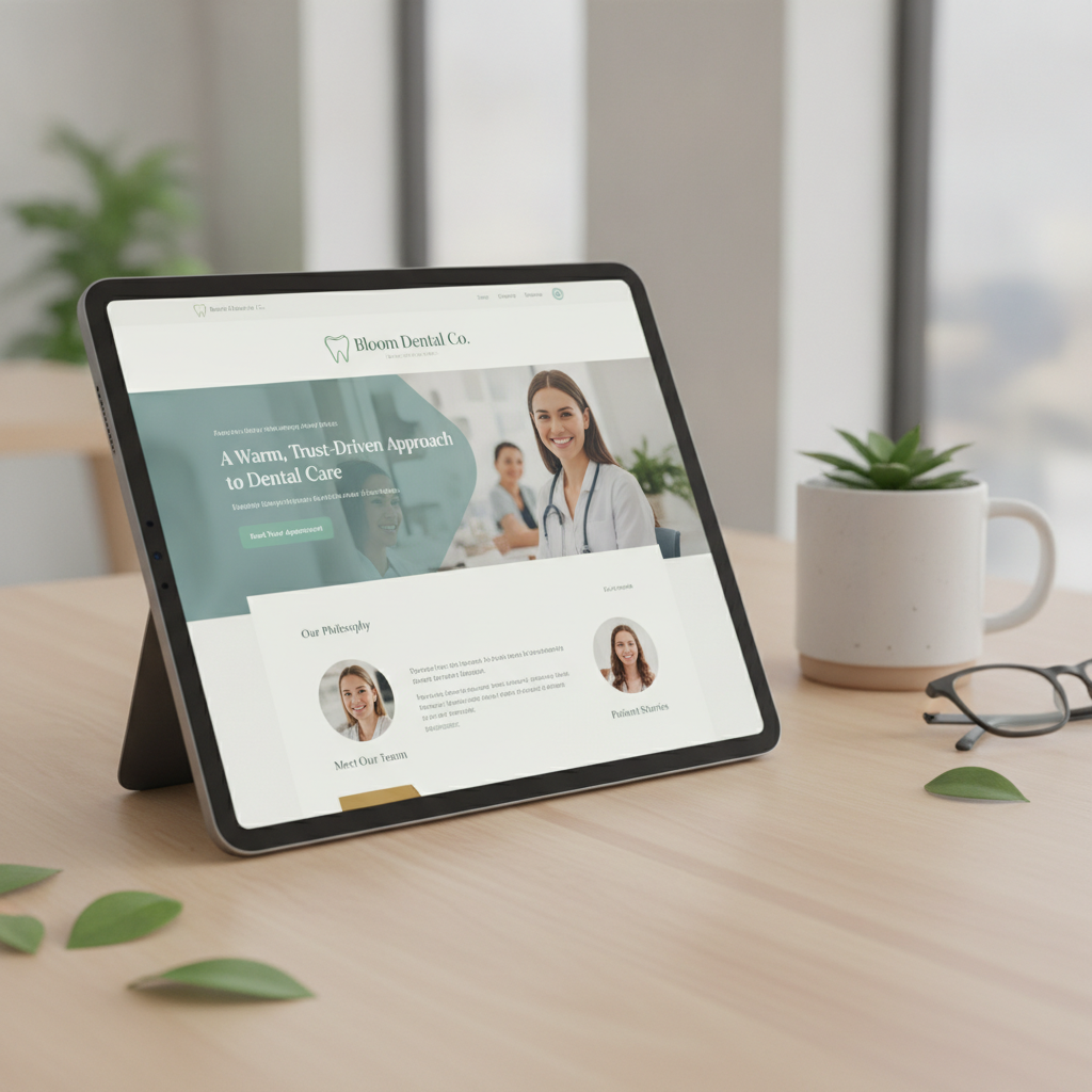 Modern dental clinic business website design mockup displayed on tablet device