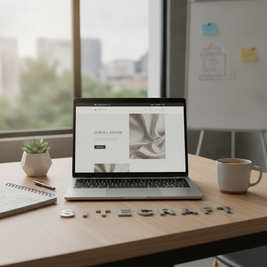 Elegant premium web design studio showcase featuring a modern laptop displaying a minimal luxury website mockup for a growing business