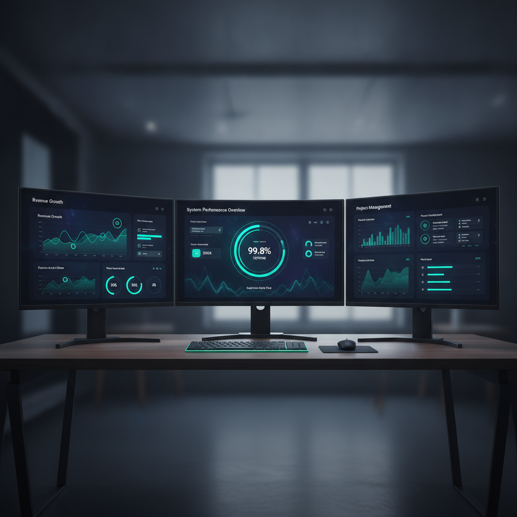 Premium enterprise SaaS dashboard interface with glassmorphism dark theme, emerald and cyan accents displayed on multiple monitors