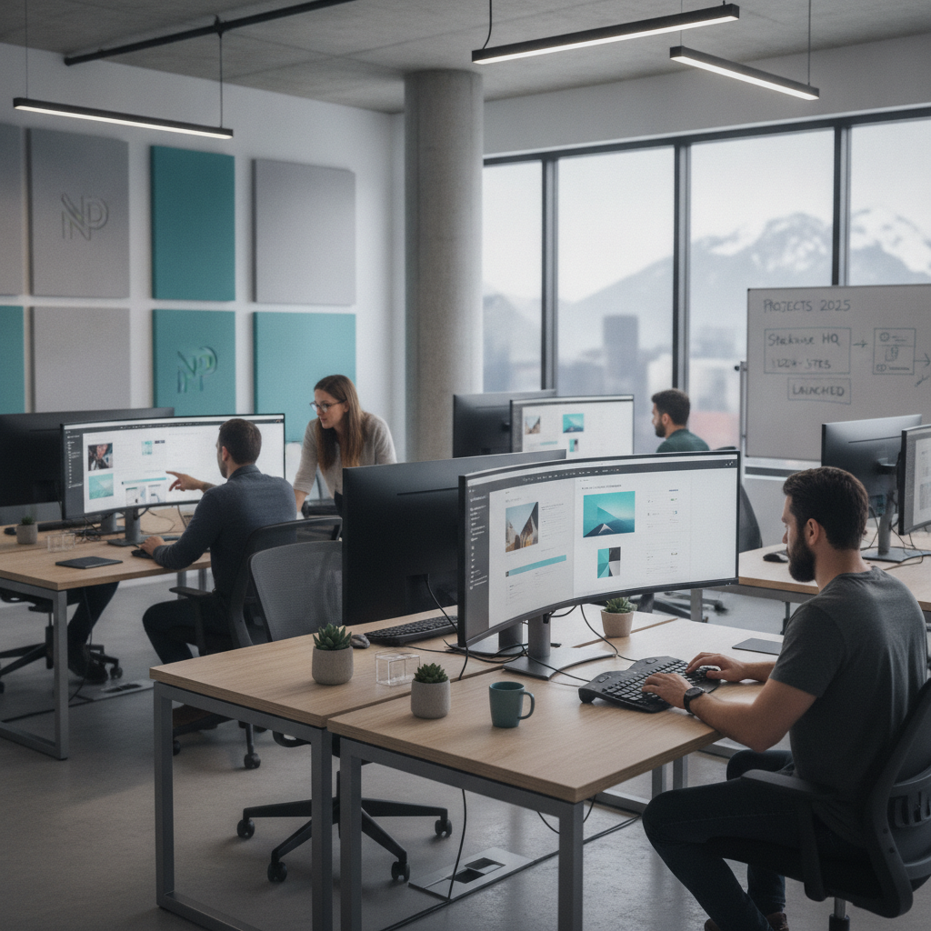 North Pixel web design studio workspace with focused designers working on premium client websites at modern desks