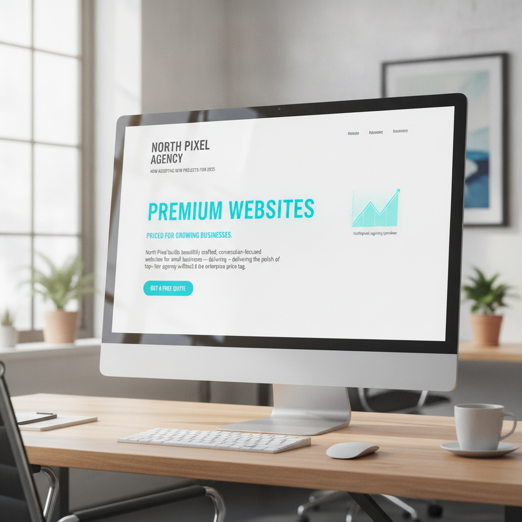 Modern premium web design agency website mockup showcasing clean minimalist layout with bold typography and electric cyan accent colors for a small business client