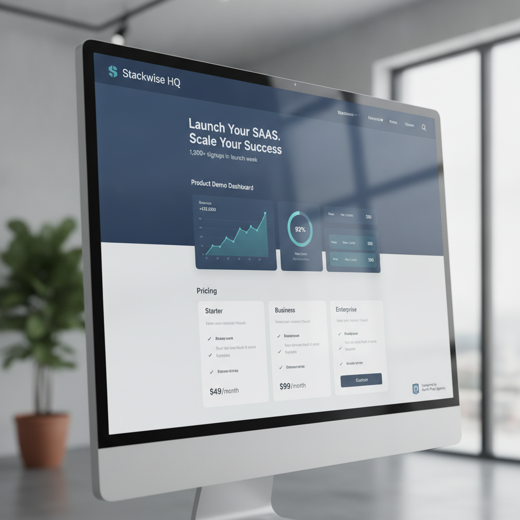 Modern SaaS startup landing page with sleek product demo dashboard and pricing section designed by North Pixel agency