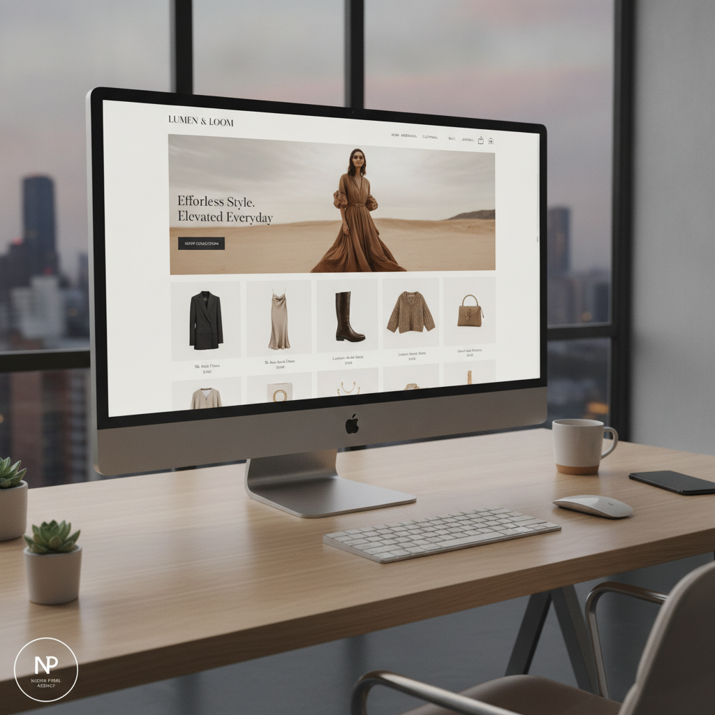 Boutique fashion e-commerce website homepage with elegant product grid and minimalist navigation designed by North Pixel
