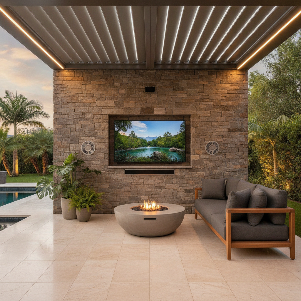 High-end weatherproof outdoor TV installed in a stone patio setting with hidden speakers