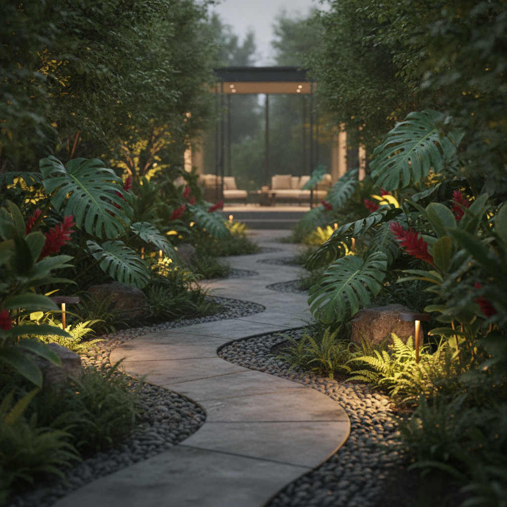 Hidden landscape speakers nestled in lush manicured garden among tropical plants and stone pathways