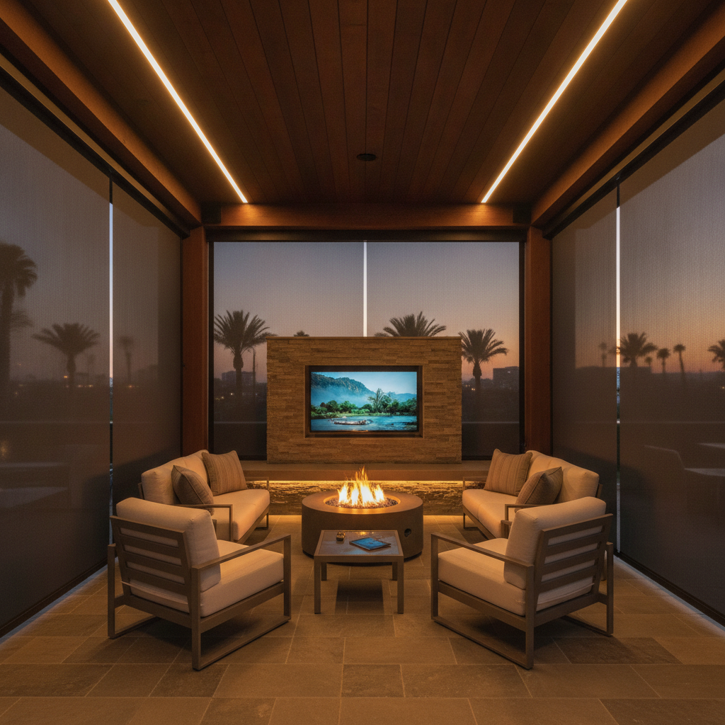 Luxury outdoor patio at dusk featuring automated lighting, weatherproof TV, and motorized shades