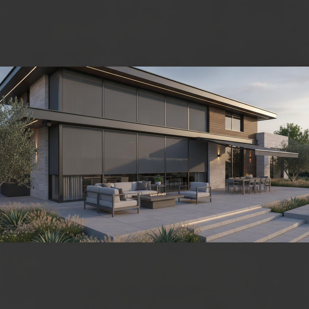 Modern home exterior with automated motorized shades drawn down for privacy and climate control