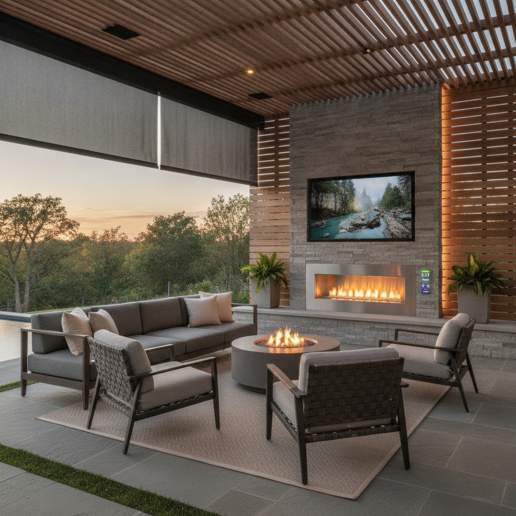 Weatherproof outdoor television mounted above a modern fireplace lounge area with plush seating and integrated entertainment system