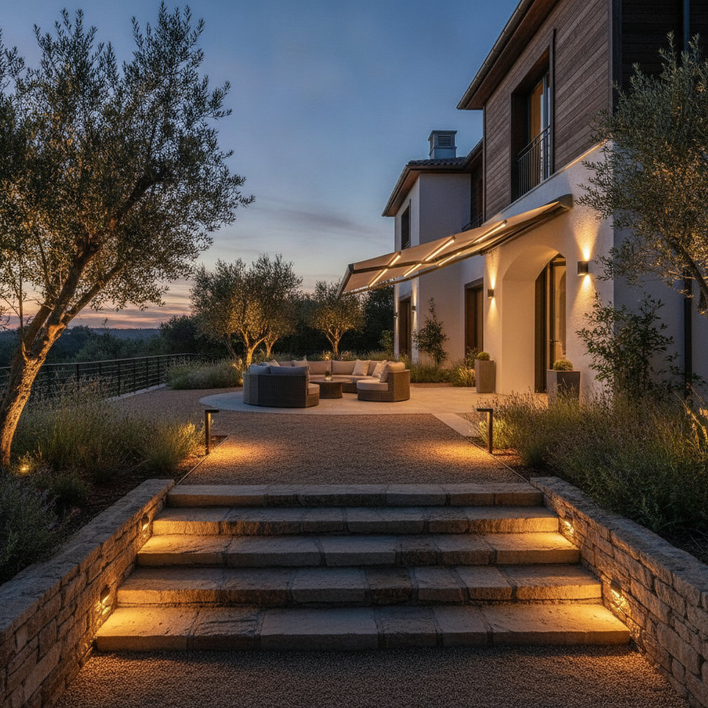 Automated patio lighting glowing softly at dusk, illuminating stone steps, pathways, and architectural features of a luxury home