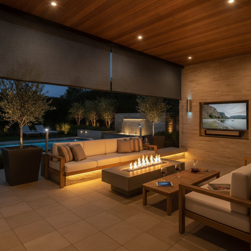 Illuminated luxury outdoor patio at night with integrated smart lighting, audio, and automated shades.