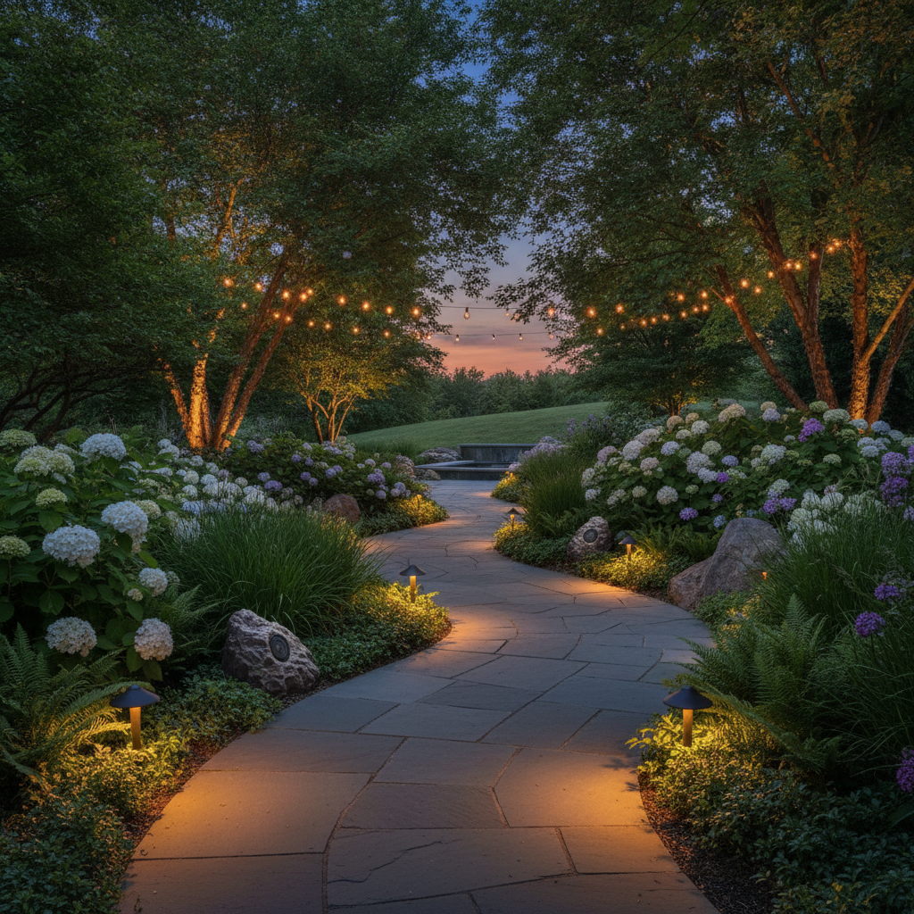 Elegantly illuminated garden path with hidden landscape audio speakers blending into foliage