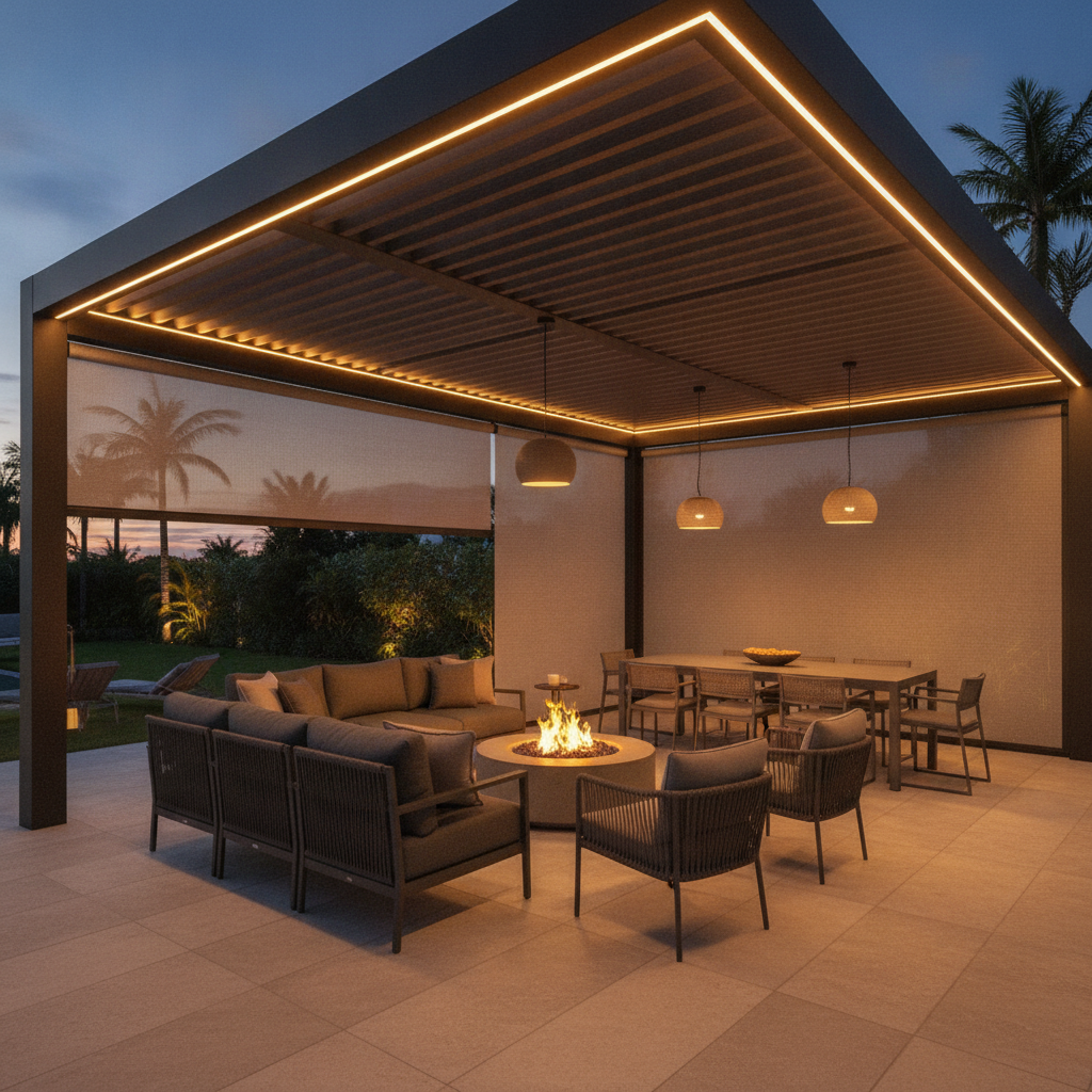 Illuminated luxury pergola with motorized retractable shades at twilight, integrated ambient lighting and modern outdoor furniture