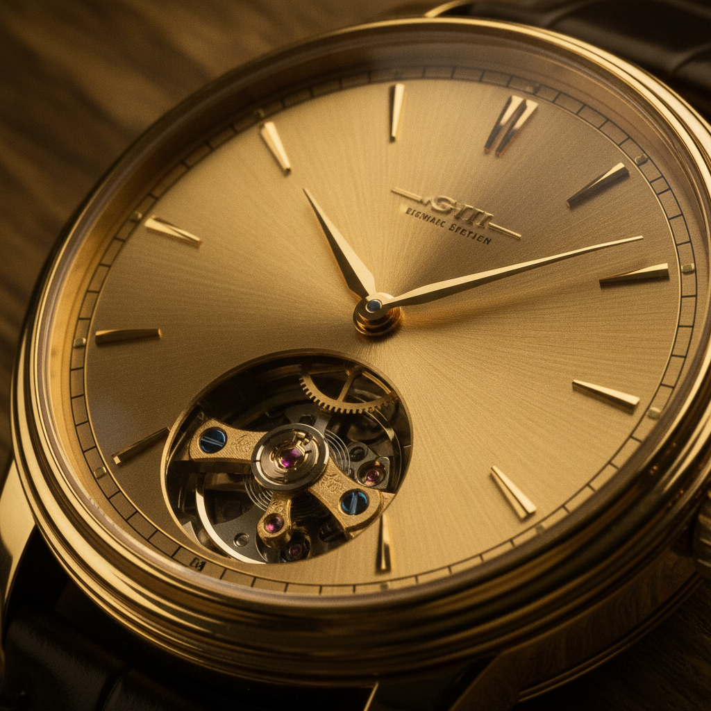 Macro photograph of a luxury mechanical watch dial in dramatic lighting
